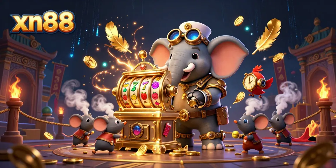 Spin the xn88 slot machine with steampunk characters and rich casino elements in a vibrant illustration.