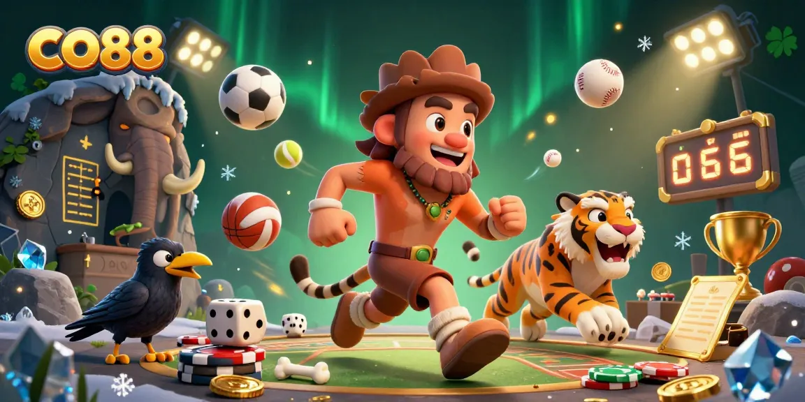 CO88 captures thrilling moments at a prehistoric casino with energetic characters and vibrant sports elements.