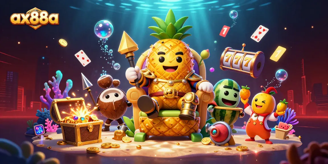 Experience the vibrant world of ax88a with a captivating illustration of the pineapple king and dynamic game elements.