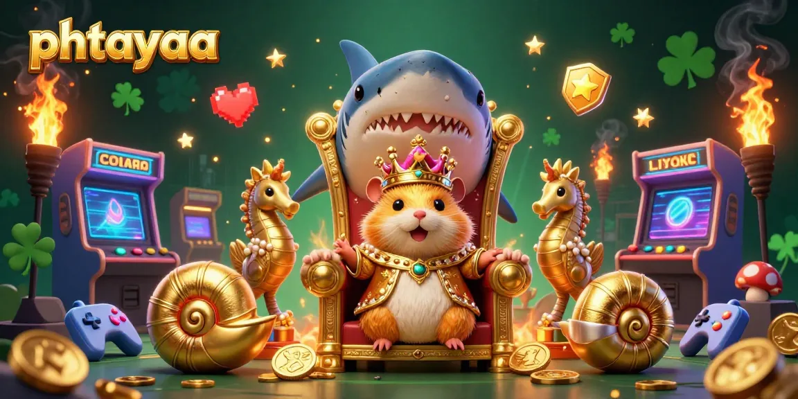 Phtayaa captivates with a dynamic scene of a golden hamster king on a megalodon throne, immersed in colorful casino gaming.