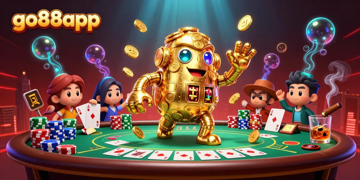 Experience thrilling moments at go88app with a captivating golden golem and colorful poker elements.