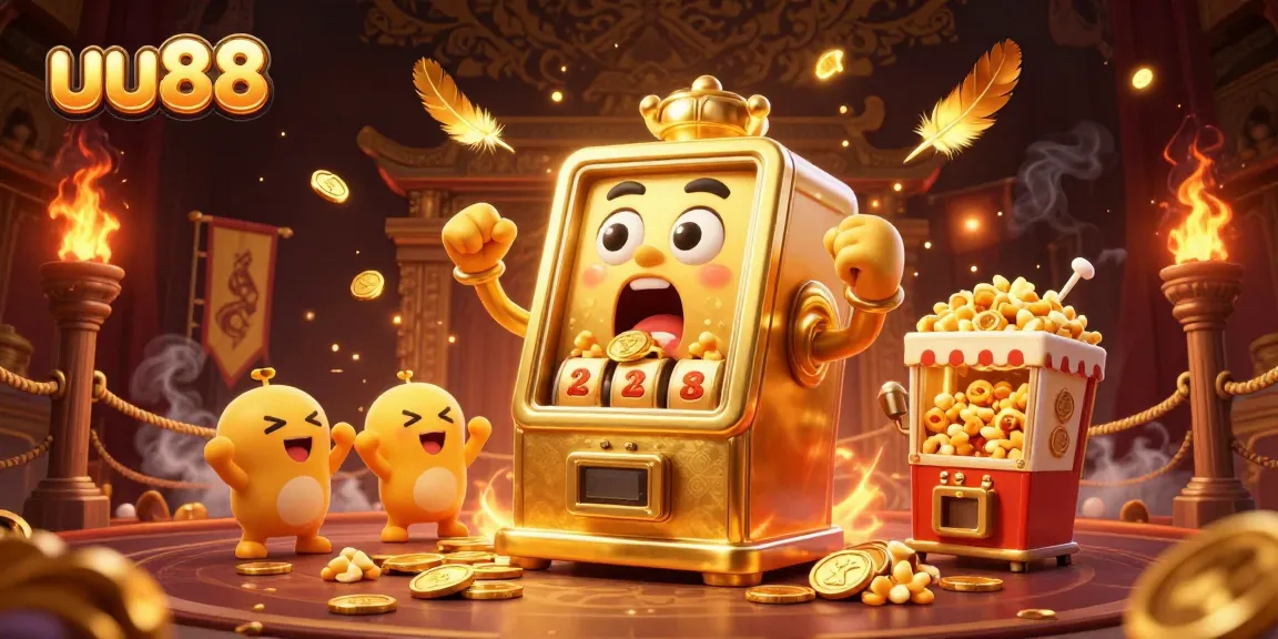 uu88 jackpot celebration with golden slot machines surrounded by dynamic gaming elements and coins.