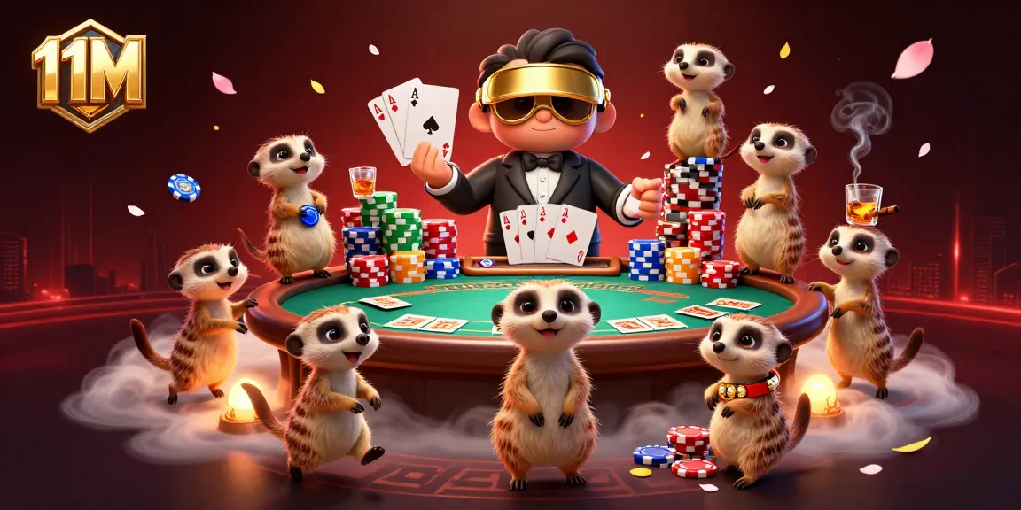 11M casino scene showing meerkats dealing cards and managing chips within a vibrant gambling environment.