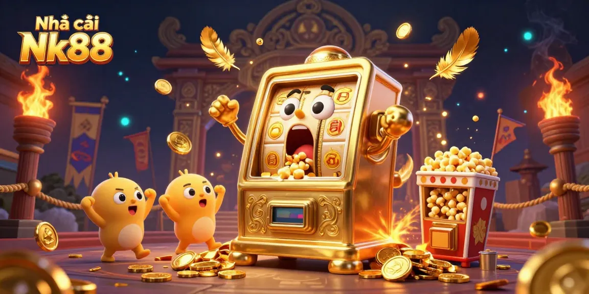 Engaging scene showing Nhà cái Nk88's golden slot machine celebrating a jackpot amidst a vibrant casino atmosphere.