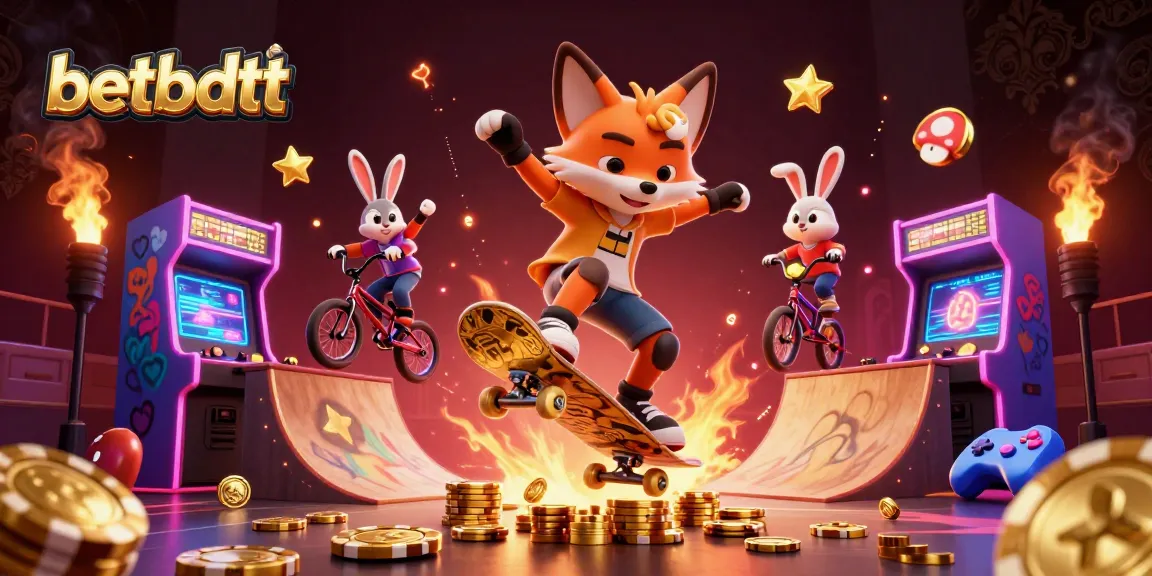 Engage in thrilling gameplay with betbdtt, featuring a fox skateboarder and rabbit BMX rider in an exciting casino atmosphere.