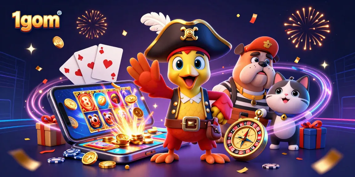 Engage with thrilling 1gom slot games as colorful coins and cards explode in action.