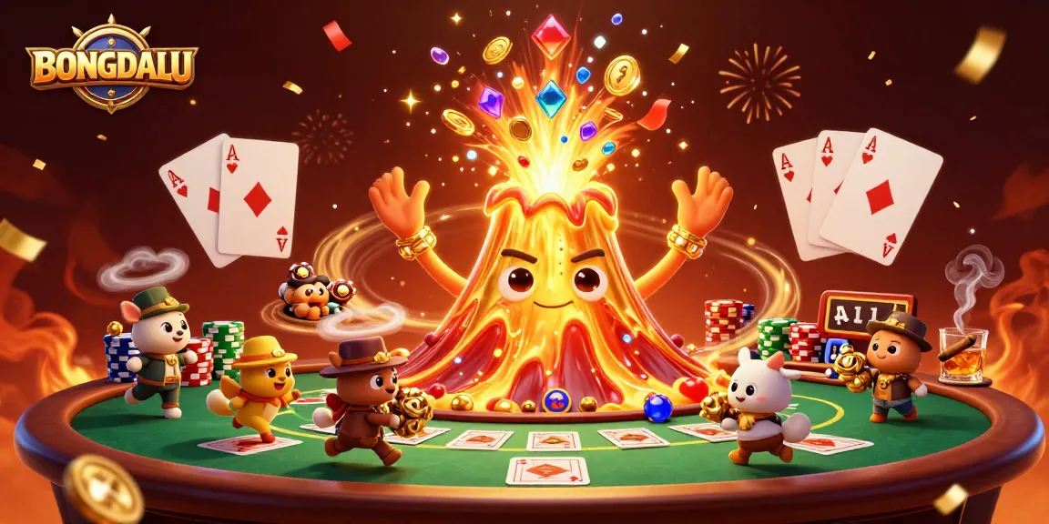 BONGDALU showcases a triumphant volcano erupting coins amidst a lively poker scene, engaging players.