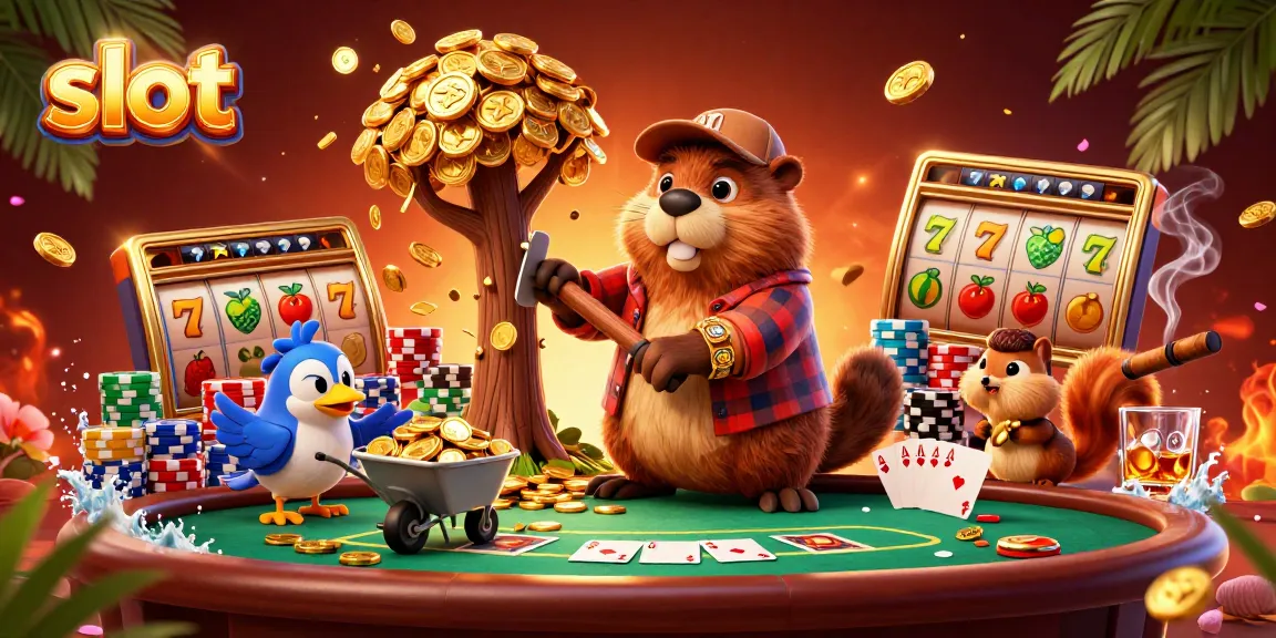 Spin slot reels and collect golden coins with 3D cartoon characters in a vibrant casino scene.