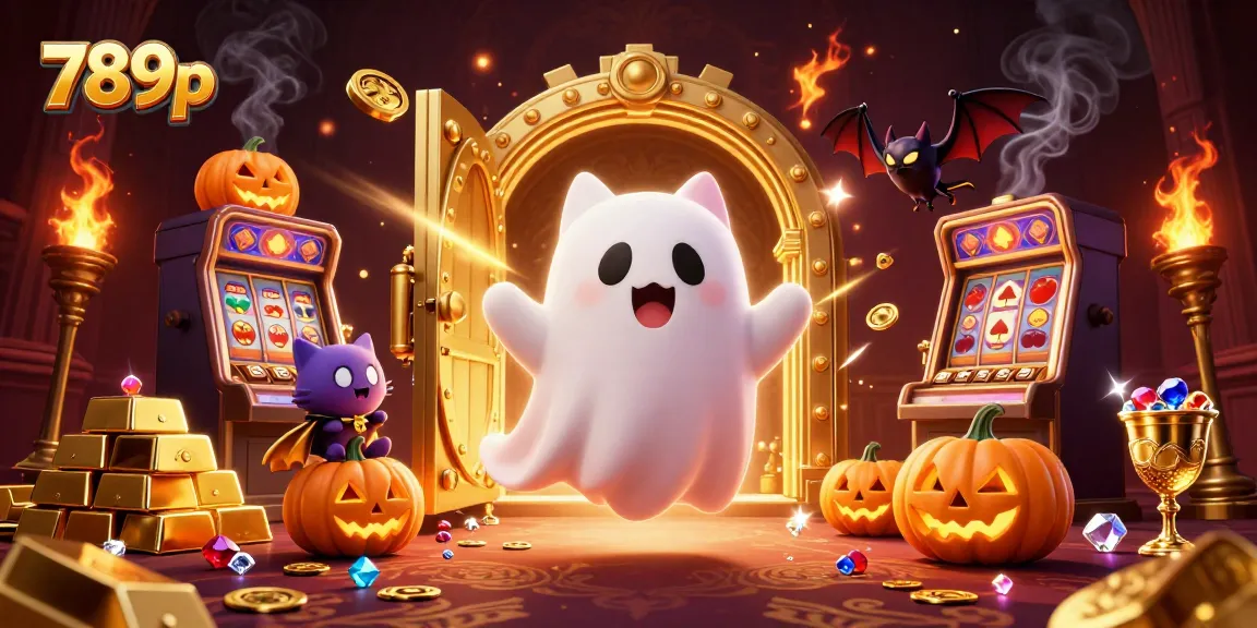Play exciting games at 789p, featuring a ghost cat, vampire bat, and glowing jack-o-lanterns.
