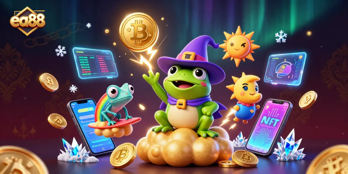 Bet big with ea88 as vibrant characters create a treasure storm amidst crypto elements