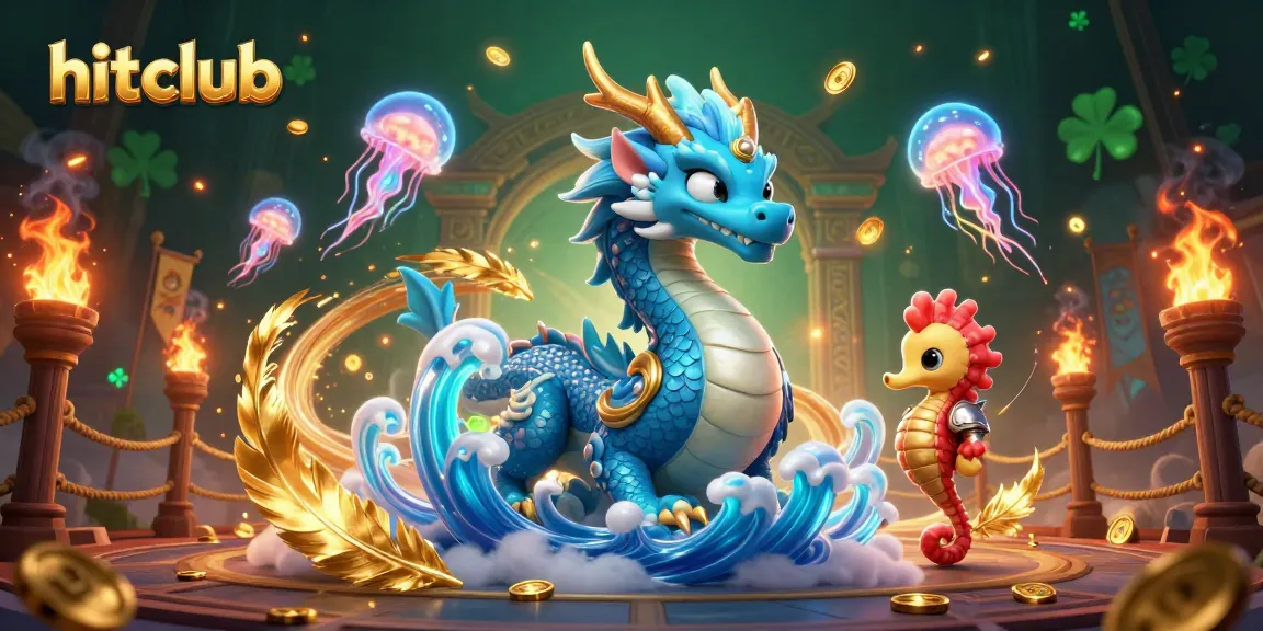 Hitclub's azure water dragon leads the way in a vibrant online casino adventure, showcasing an enchanting 3D scene.