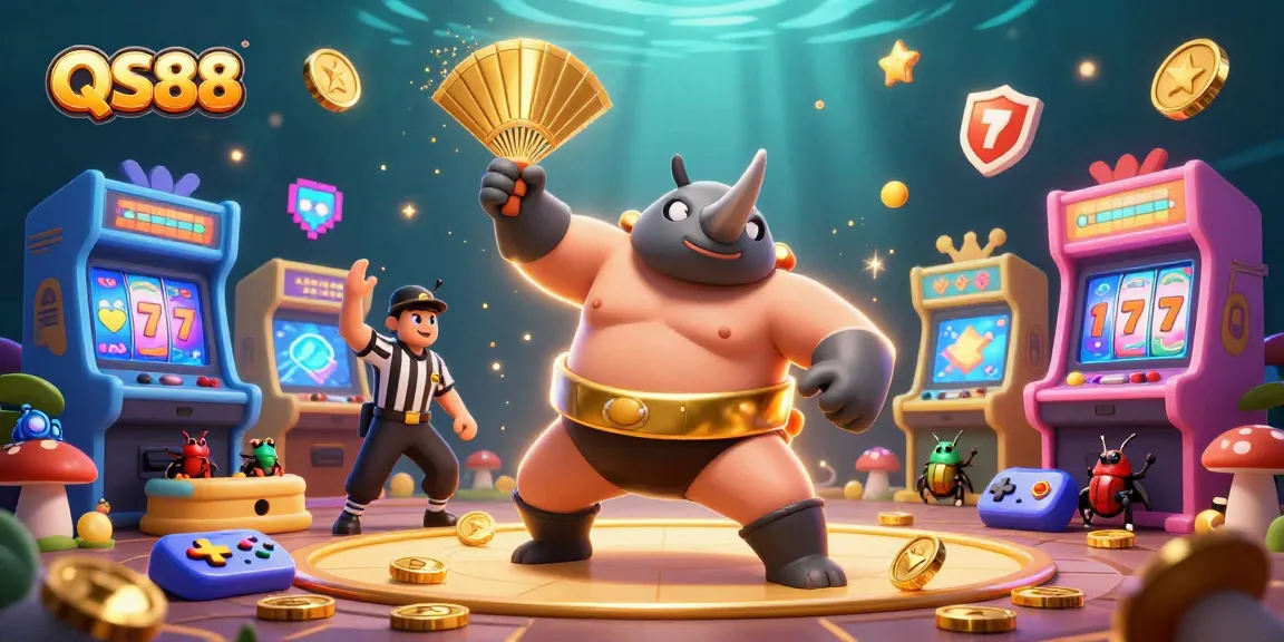Experience the excitement of QS88 with a dynamic casino-themed 3D illustration featuring a cartoon rhinoceros beetle champion.