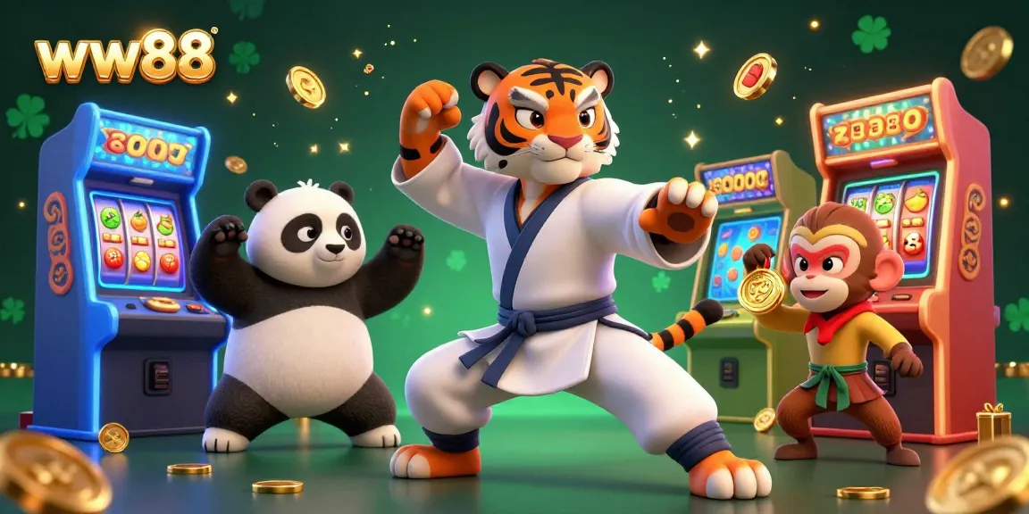 Engage with thrilling gaming at ww88 while a kung fu tiger and panda celebrate wins amidst vibrant slot machines.