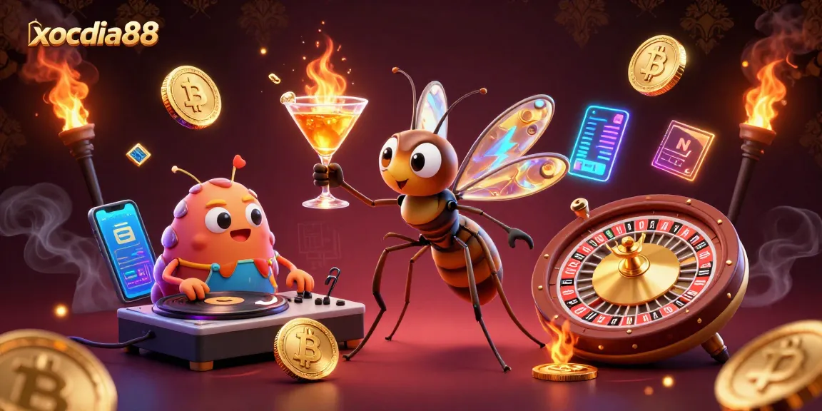 Xocdia88 mascot and trilobite DJ in a vibrant casino illustration with crypto elements.