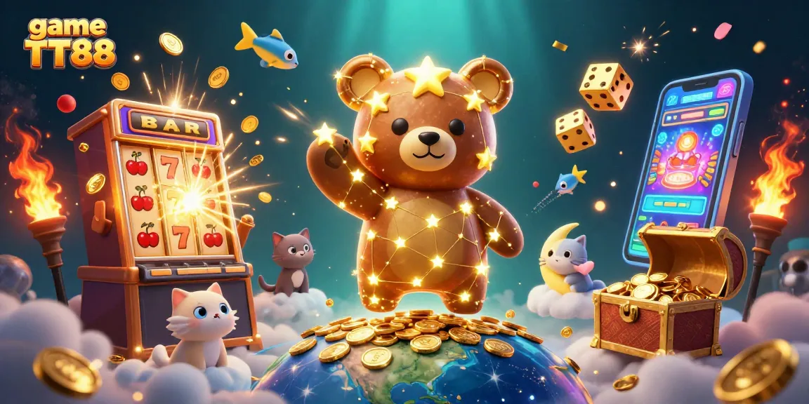 Experience game TT88 excitement with vibrant 3D characters and jackpot elements bursting with coins.