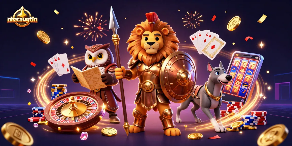 Join the excitement of nhacaiuytin with a vibrant casino scene showcasing a Spartan lion, owl strategist, and greyhound messenger.