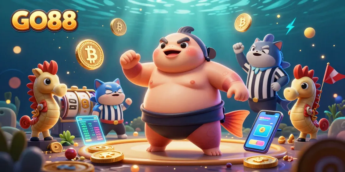 GO88 slots illustration featuring a fugu in a sumo belt and seahorse spectators in an exciting underwater casino scene