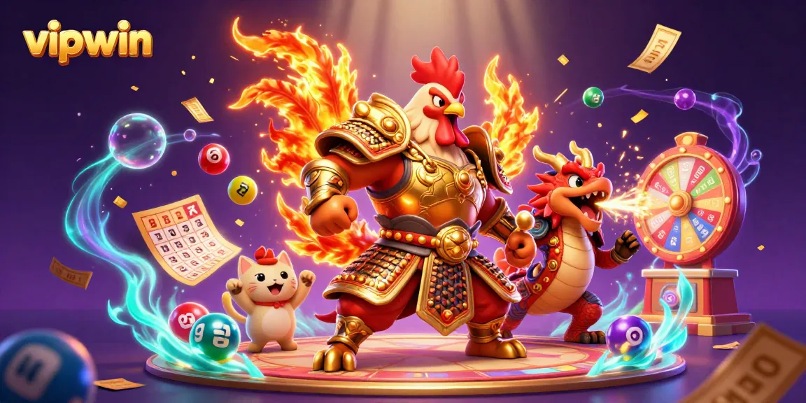 Engage with thrilling VIPWIN gaming as rooster warriors and dragons light up dynamic casino action.