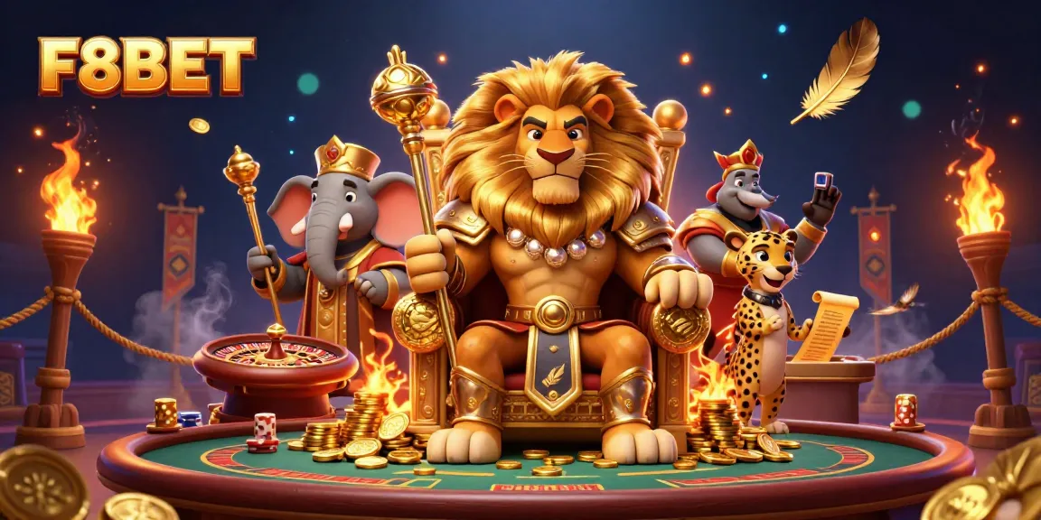 Experience thrilling action with F8BET's lion king in a vibrant 3D casino scene featuring dynamic elements.