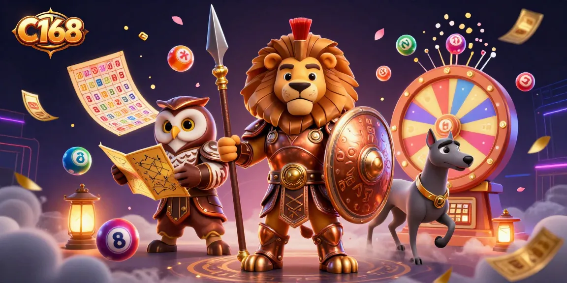 C168 brings excitement with a dynamic 3D illustration featuring a heroic Spartan lion and vibrant gaming elements.