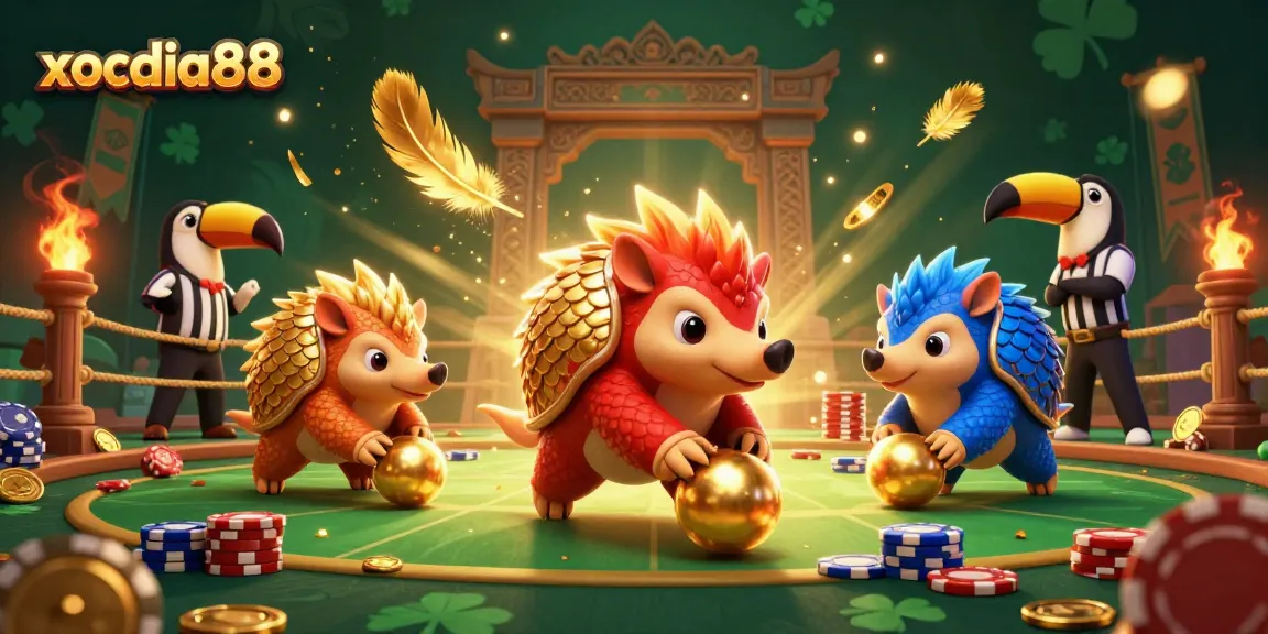 Xocdia88 brings fun with rival pangolins amidst rolling poker chips and golden confetti.