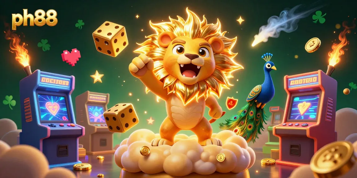 Engage with ph88 casino's dynamic gaming landscape featuring a roaring lion and vibrant casino elements.