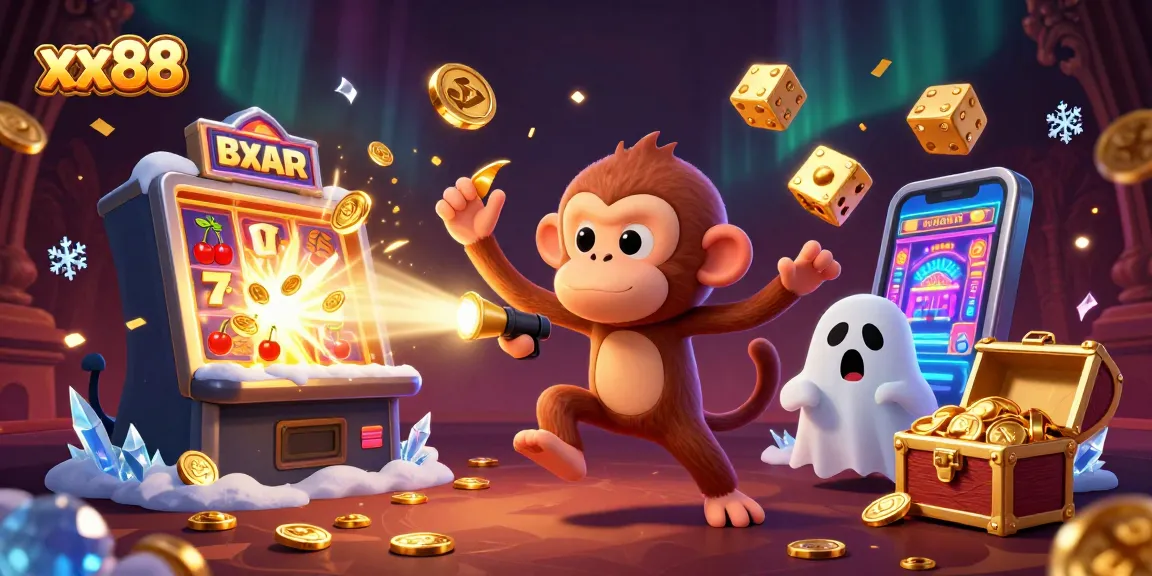 Action-packed xx88 casino scene with a playful monkey and a curious puppy in a 3D environment.