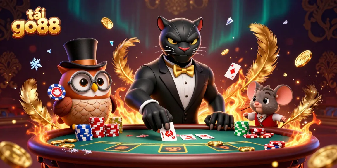 Play poker and win big with tải go88 as a stylish panther deals cards amid gold coins and vibrant casino elements.