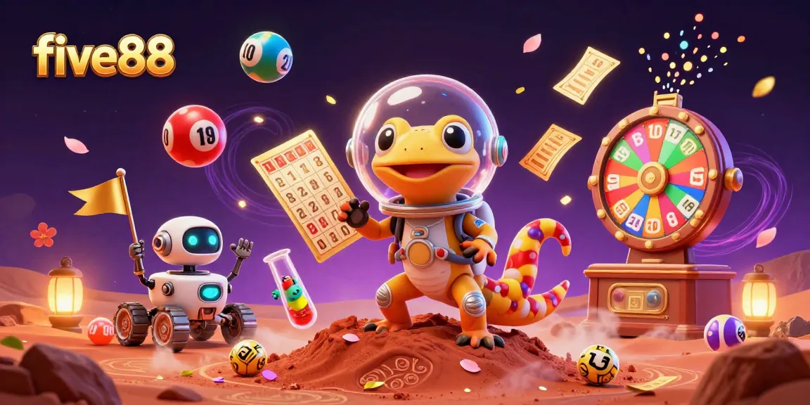 five88 illustrates Martian gecko exploring a golden casino adventure in a vibrant scene.