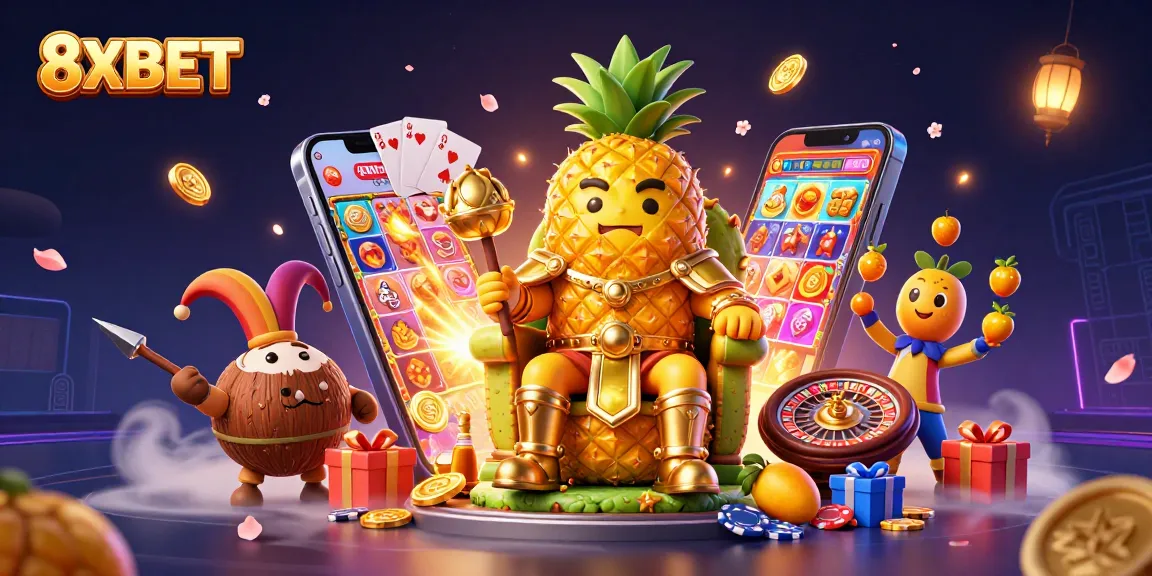 Experience the rich and vibrant world of 8XBET with a 3D cartoon scene packed with gaming excitement.