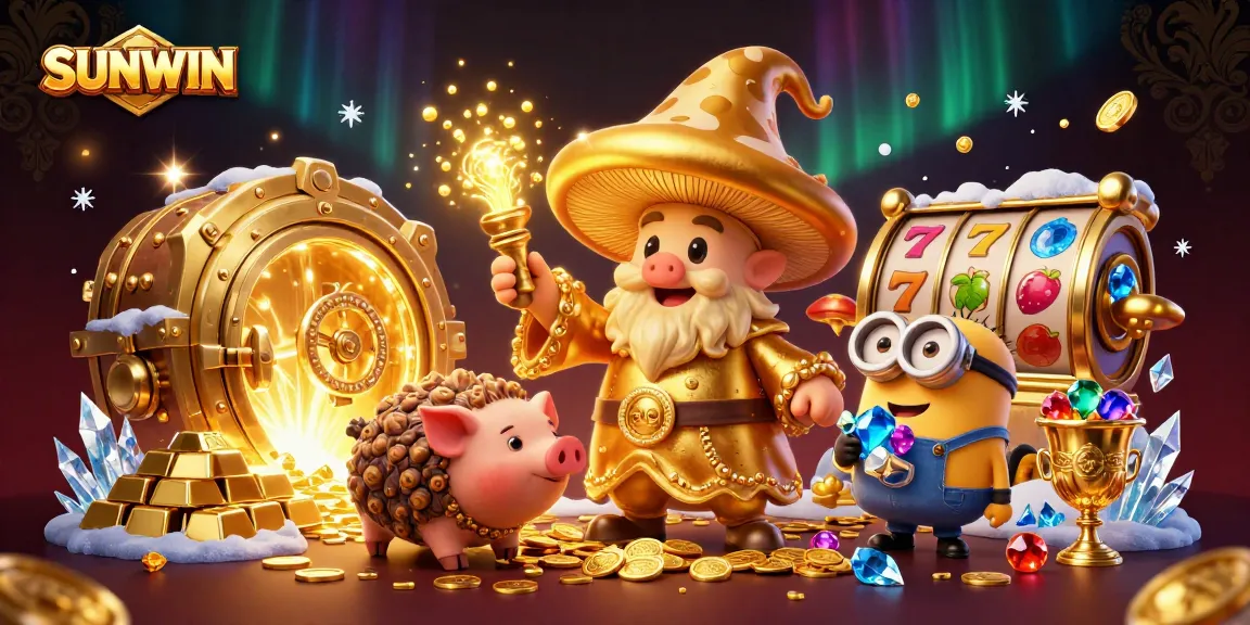 Experience thrilling wins at SUNWIN where gold coins and vibrant slot reels collide in a magical illustration.