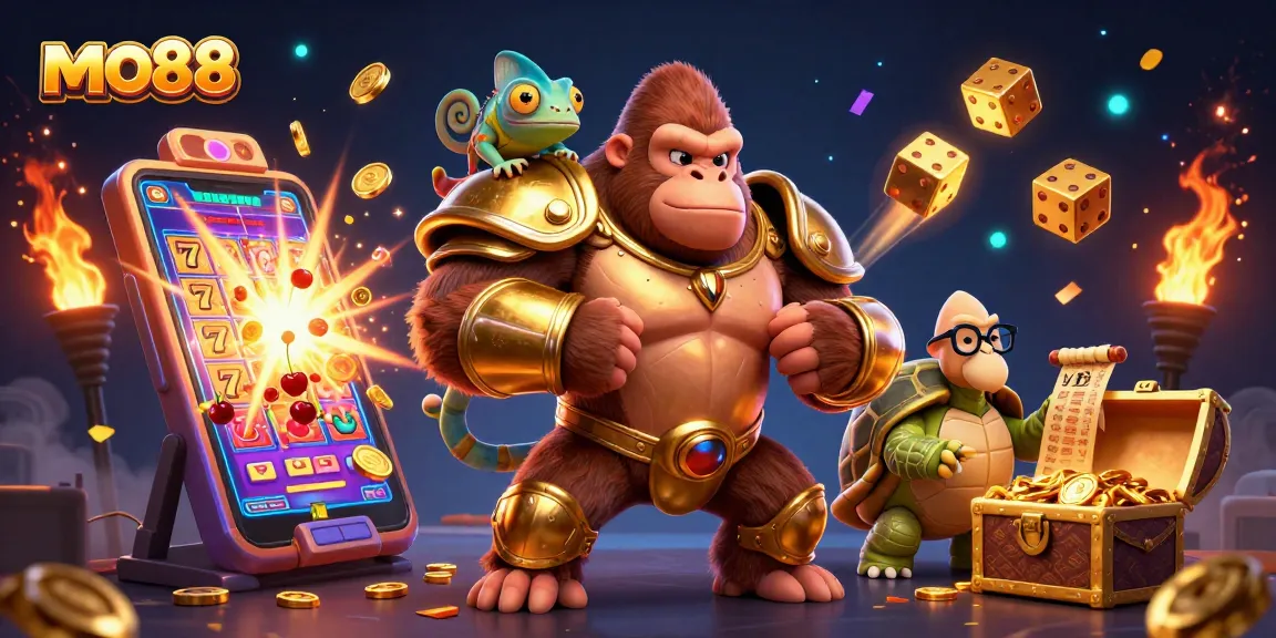 Experience mo88 in a vibrant 3D illustration featuring a gorilla king, chameleon, and tortoise among dynamic gambling elements.