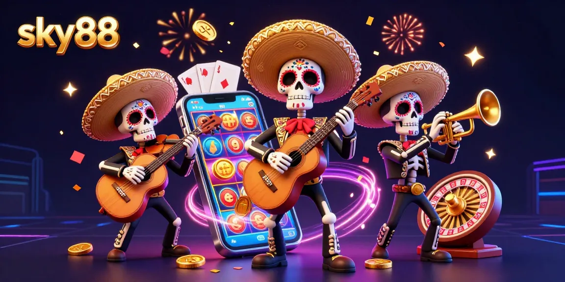 Engage with sky88's vibrant casino scene featuring colorful mariachi skeletons and slot games.
