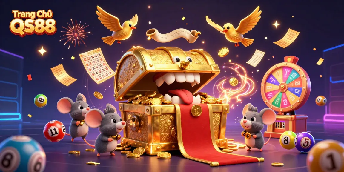 Experience the thrill of winning at Trang Chủ QS88 with vibrant lottery balls and a treasure-laden scene.