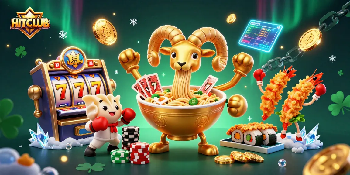 Engage with HITCLUB's vibrant slot games as the giant ramen bowl deals cards amidst a glittering casino scene.