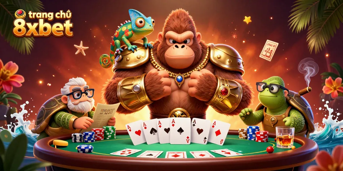 Engage in thrilling play at trang chủ 8xbet, featuring an impressive casino scene with vibrant characters and poker elements.