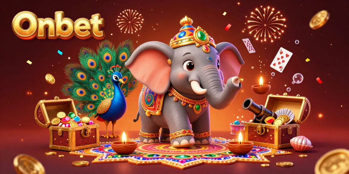 Spin to win with Onbet's colorful casino scene showcasing vibrant elephants and gems.