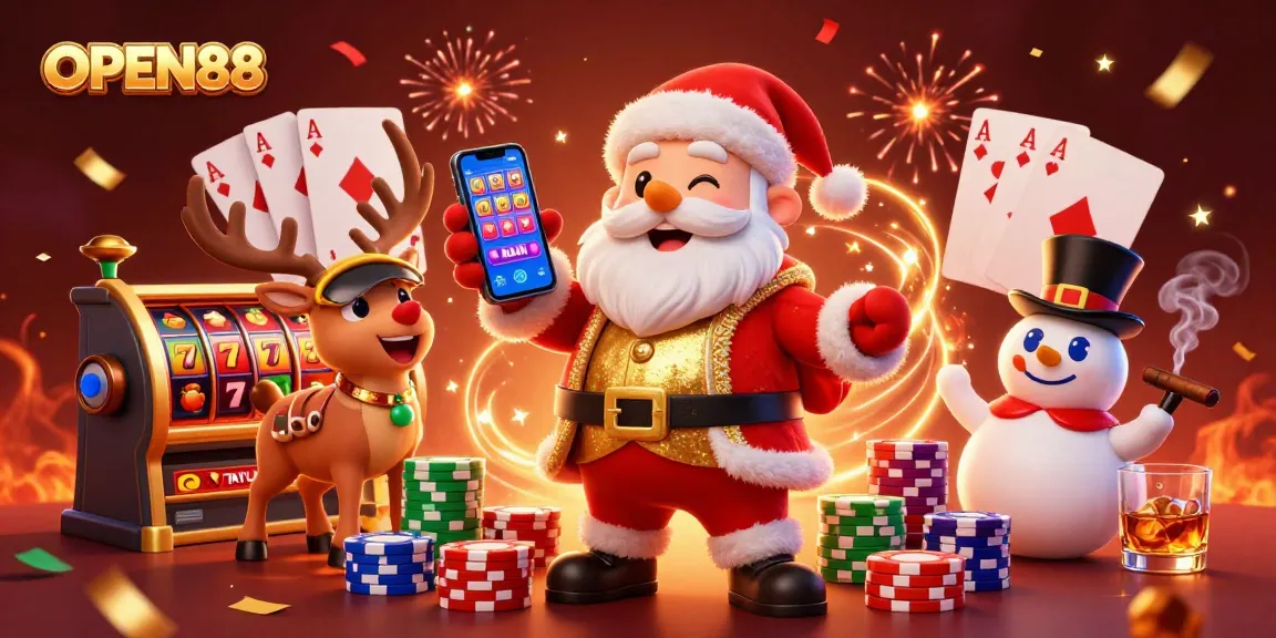 Experience amazing jackpots at OPEN88 with a festive 3D casino scene featuring cartoon characters.