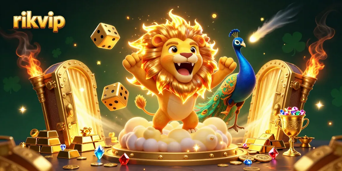 Experience thrilling victories at rikvip with vibrant 3D casino art featuring a roaring lion and dazzling treasures.