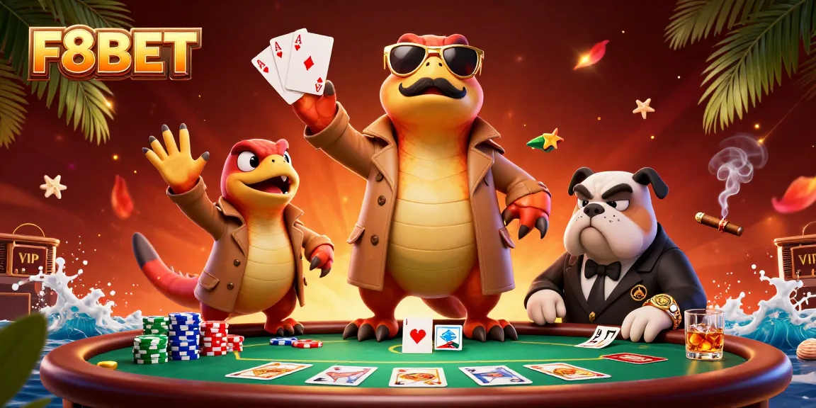 Join the thrilling F8BET casino with raptors and a bulldog bouncer in a vibrant scene.