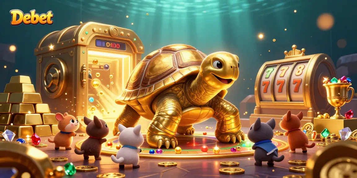 Experience the thrill of Debet casino slots with a vibrant 3D tortoise pinball machine and treasure elements.
