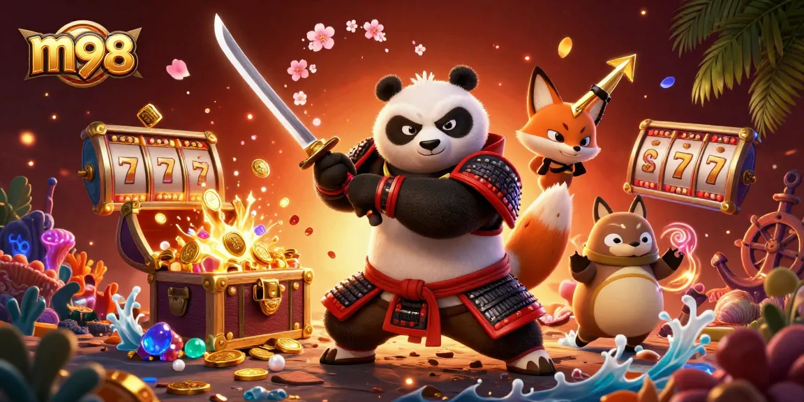 Experience the thrill with m98: vibrant samurai panda and fox enjoying engaging casino games.