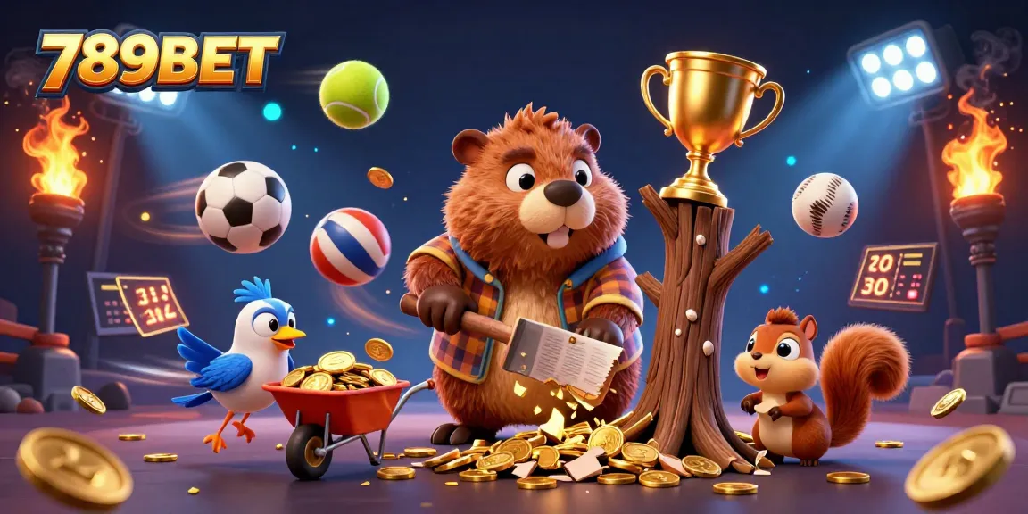 Engage with 789BET through a vibrant 3D casino-themed illustration featuring a beaver, bird, and squirrel collecting coins.