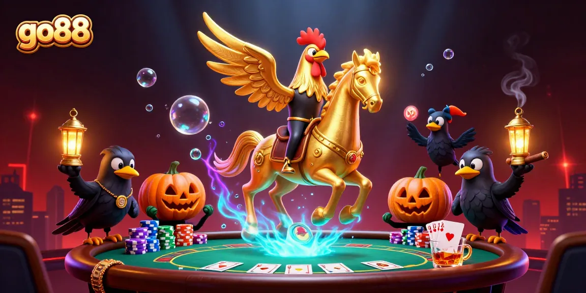 Engage with go88’s vibrant casino scene featuring a golden rooster and card games.