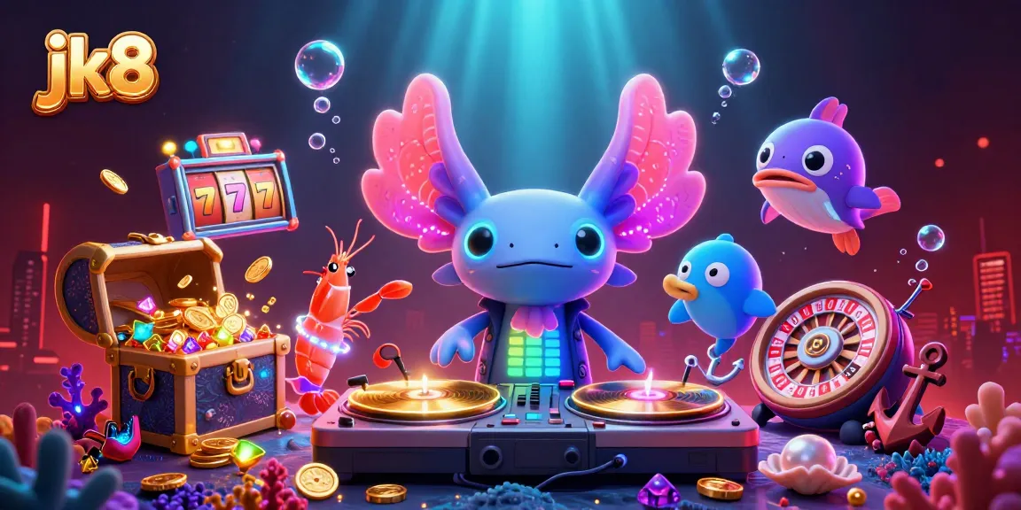 Experience the excitement of jk8 as a neon axolotl DJ spins fortune-themed slots with lively sea creatures.