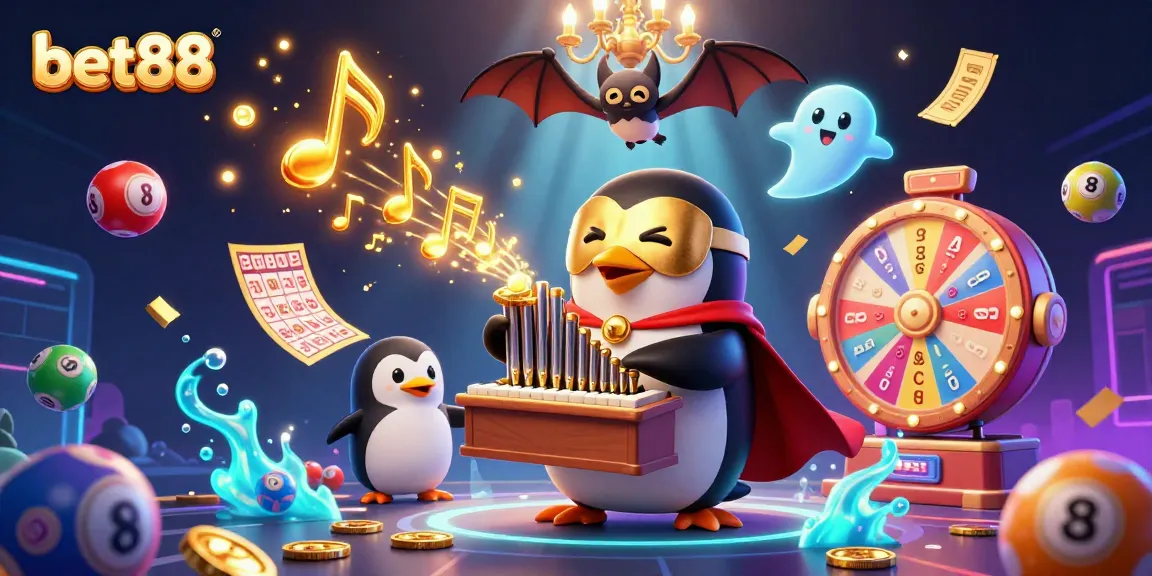 Experience fun with bet88 as the penguin plays and lottery balls bounce in a colorful casino scene.
