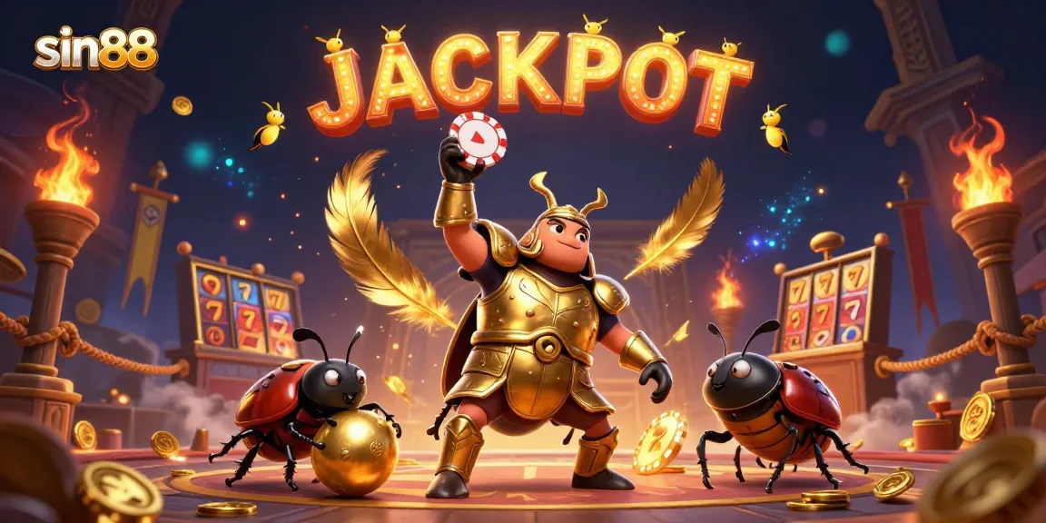 Experience sin88 casino excitement with a victorious beetle raising a poker chip amidst a jackpot celebration.