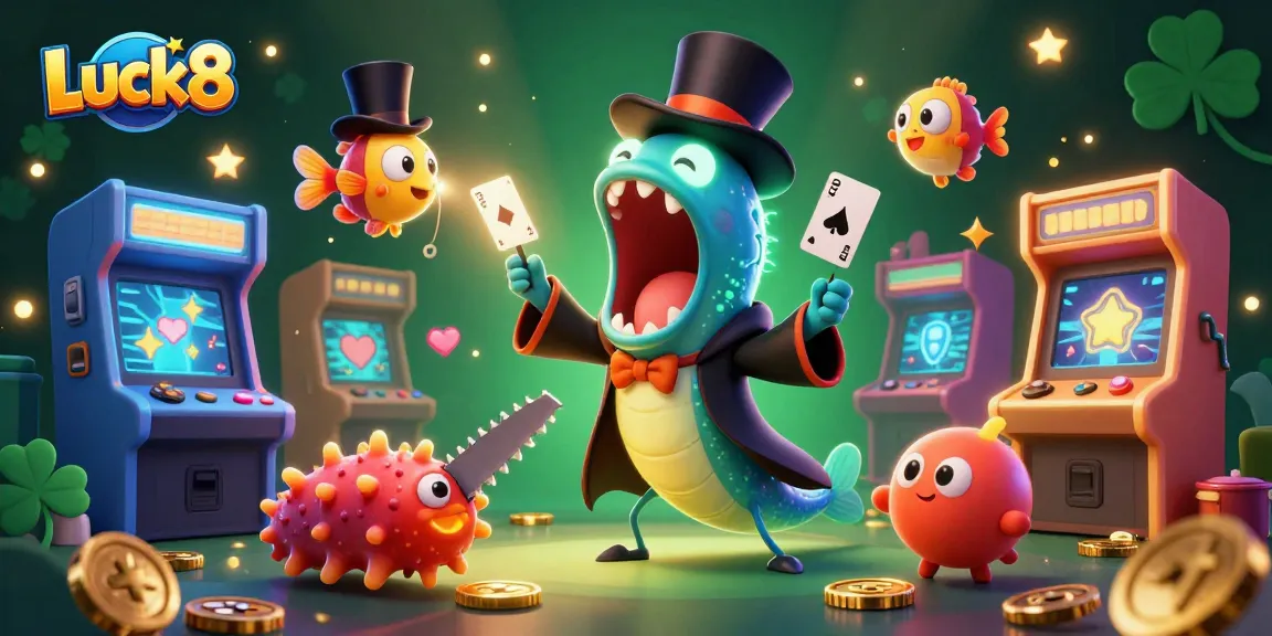 Engage with Luck8, a mesmerizing casino world led by a magical deep-sea eel performing tricks amidst vibrant game elements.