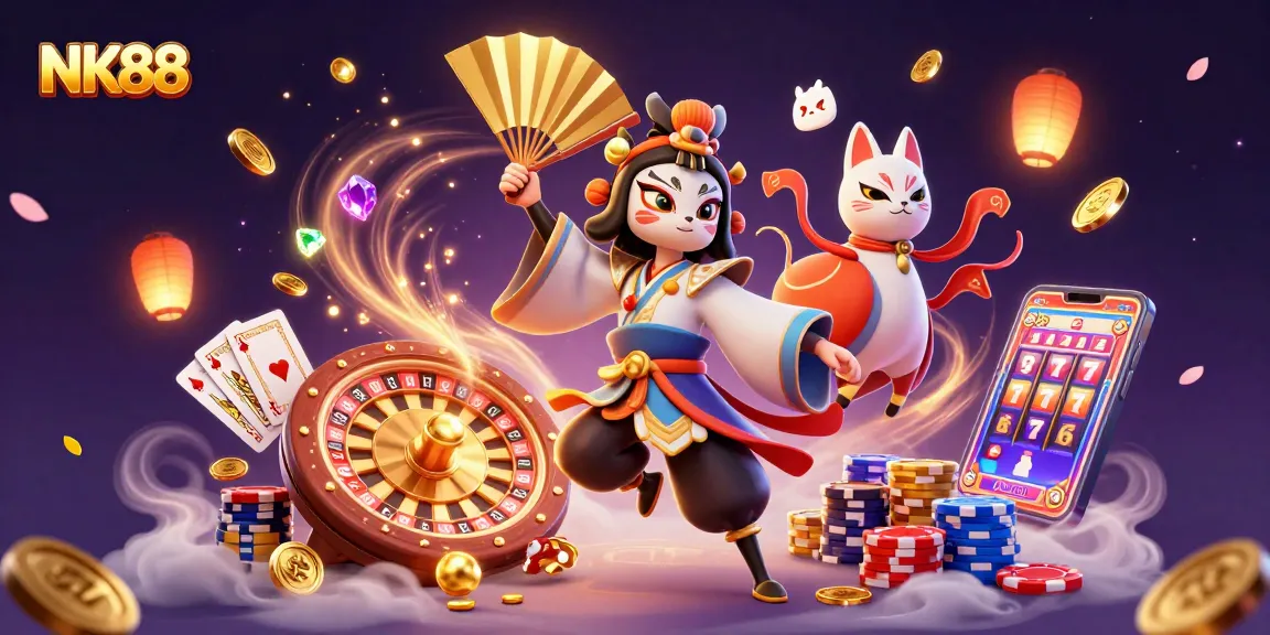 Experience the thrill of winning big at NK88 with vibrant gaming elements and 3D characters.
