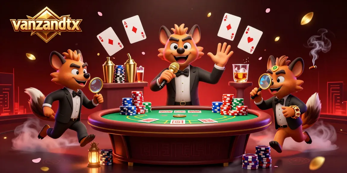 Experience the excitement of vanzandttx with a lively illustration of hyenas in a comedy casino setting, showcasing poker excitement.